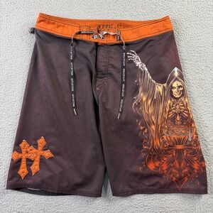 Affliction x Ozzy Osbourne Board Shorts Gothic Cross Skull Ball Swim Trunks 36